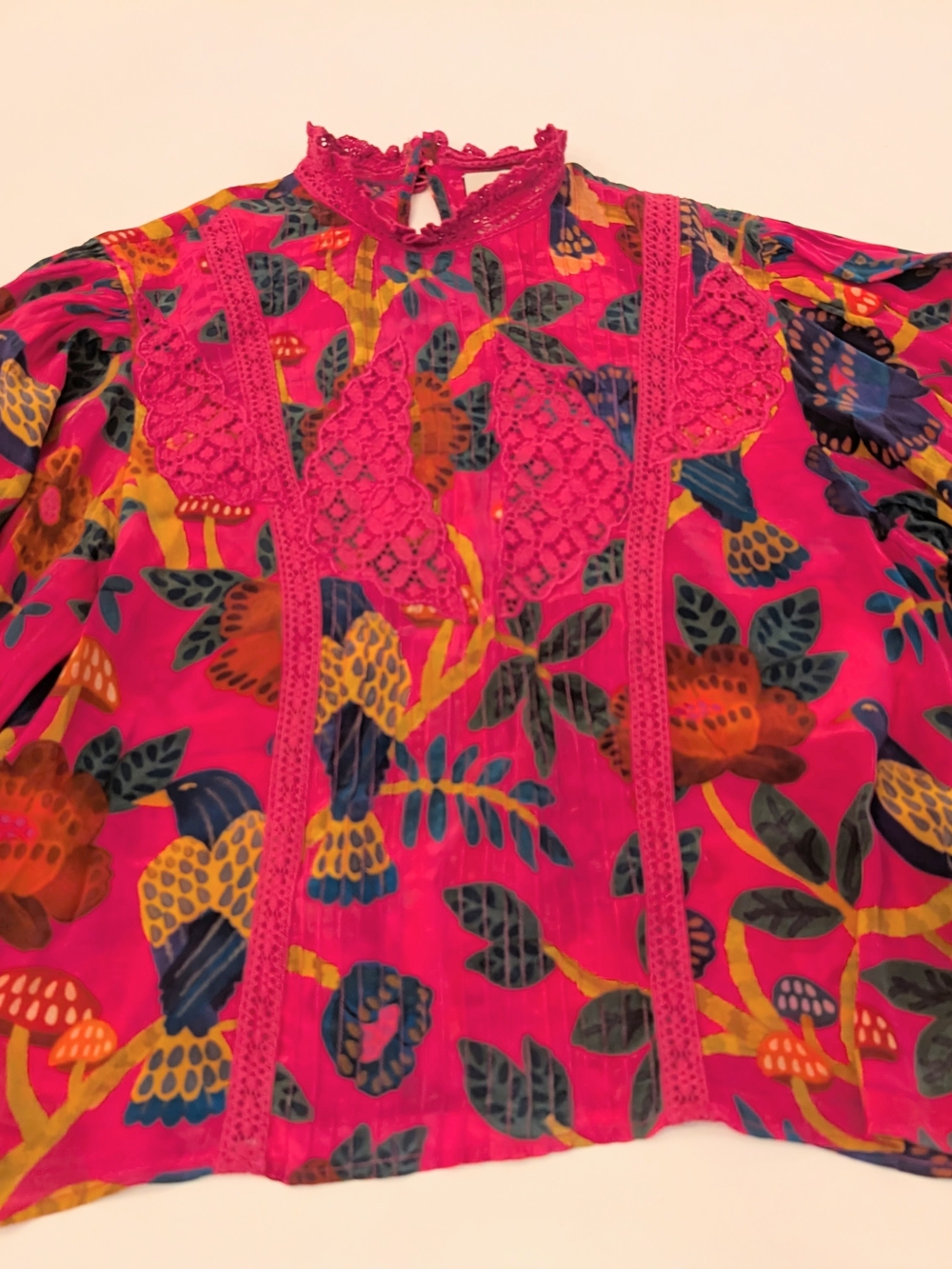 Farm Rio Deep Fuchsia Floral Lace-Trim Blouse (Floral Yard Blush) XS / S - Picture 6 of 8